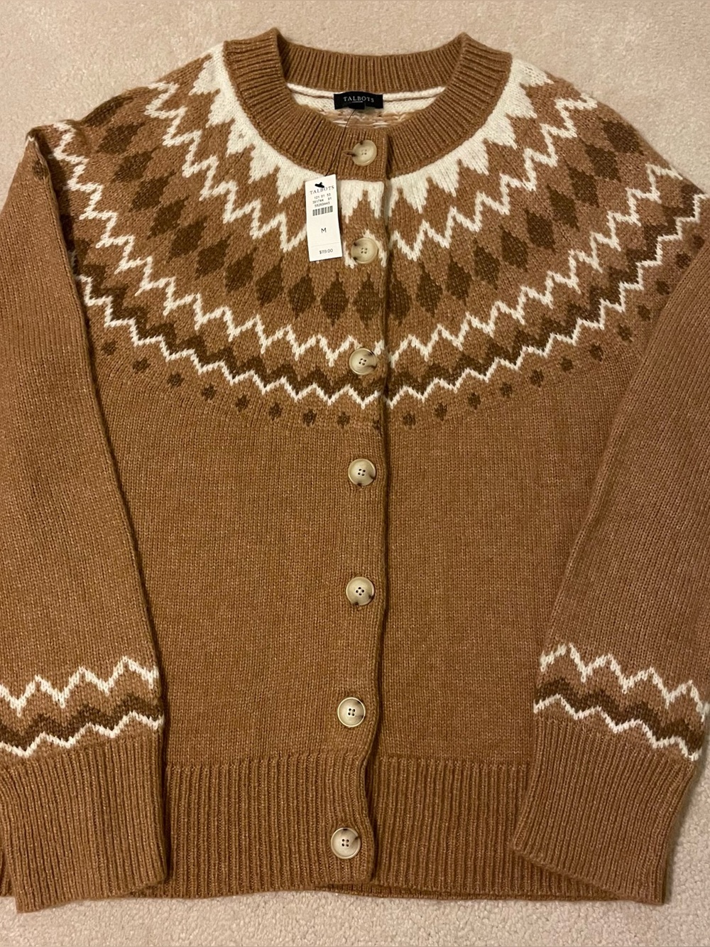 NWT Talbots Fair Isle Yoke Crewneck Cardigan
Sweater Camel Brown Medium
